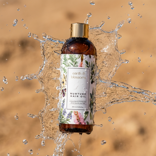 Bottle of Earth & Blossoms Nurture Hair Oil with water splashes on a beige background