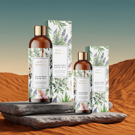 Nurture Hair Oil bottles and packaging on a wooden surface with a desert background