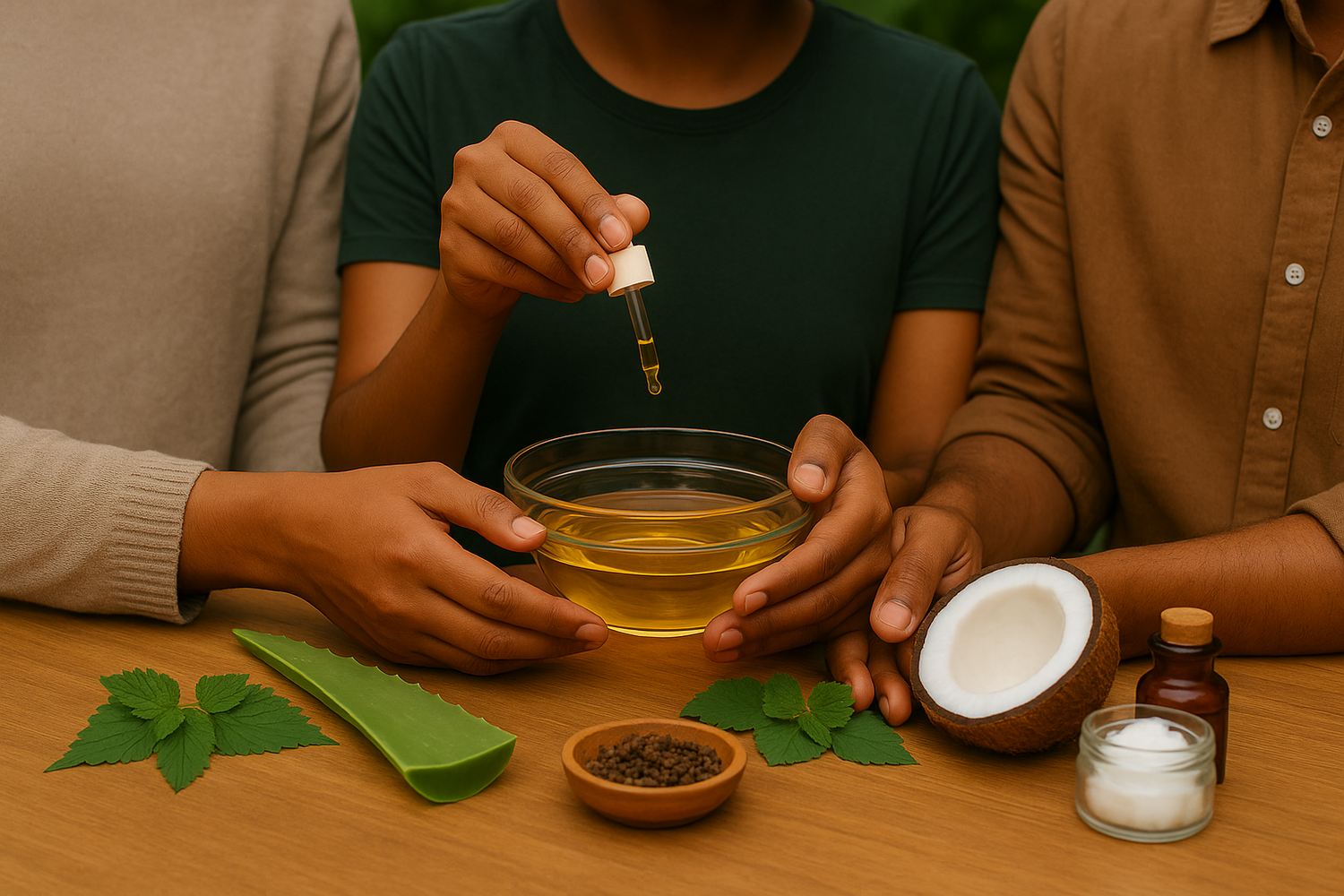 Three people around a table with a bowl of liquid, herbs, and a coconut.