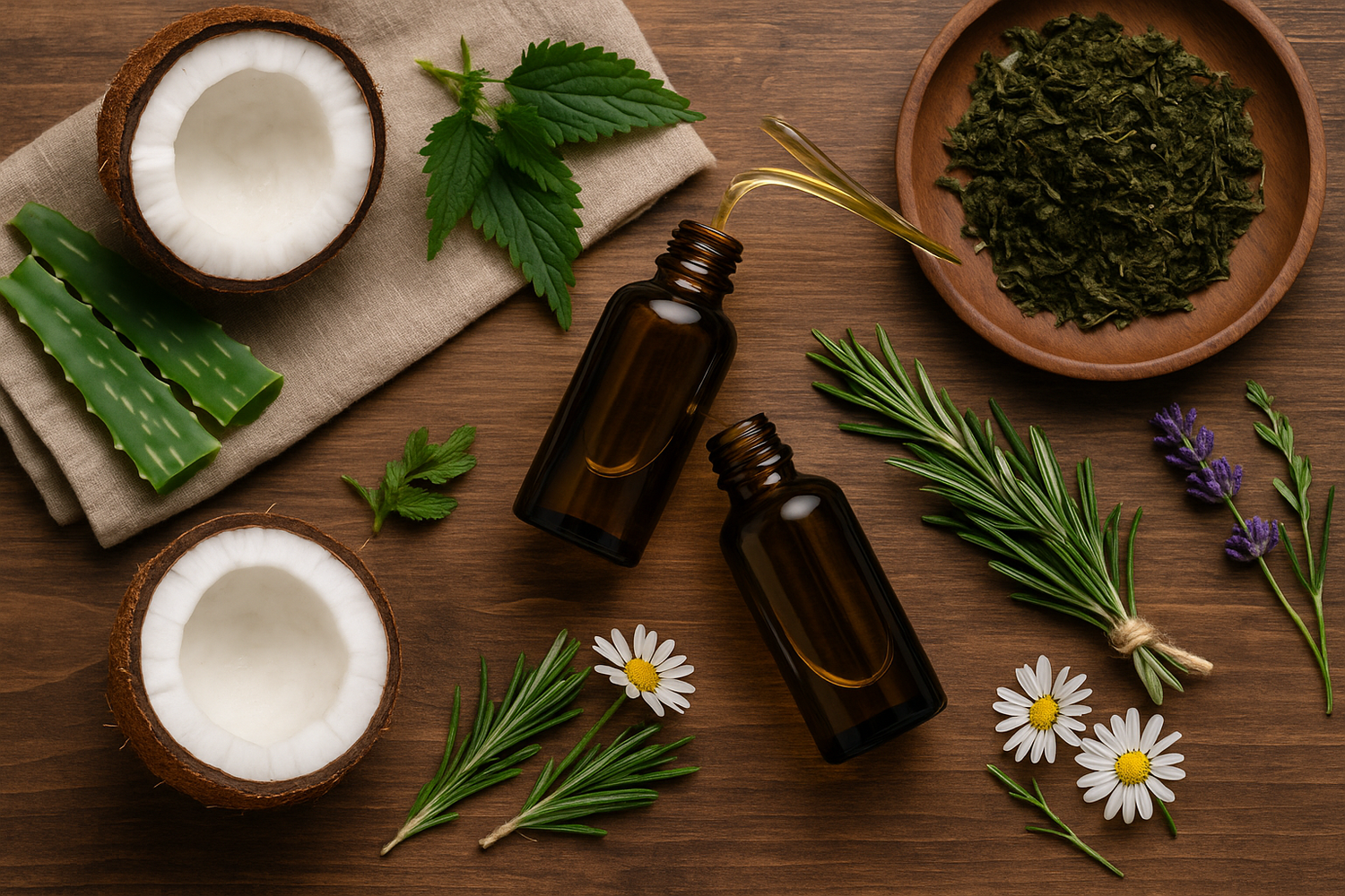 Essential oil bottles with coconuts, herbs, and flowers on a wooden surface