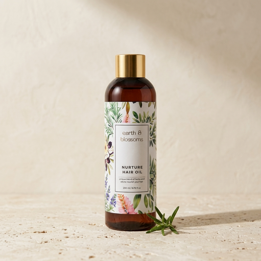 A bottle of earth & flowers Nurture Hair Oil with a gold cap and a floral label, standing on a textured beige surface with a sprig of rosemary beside it.