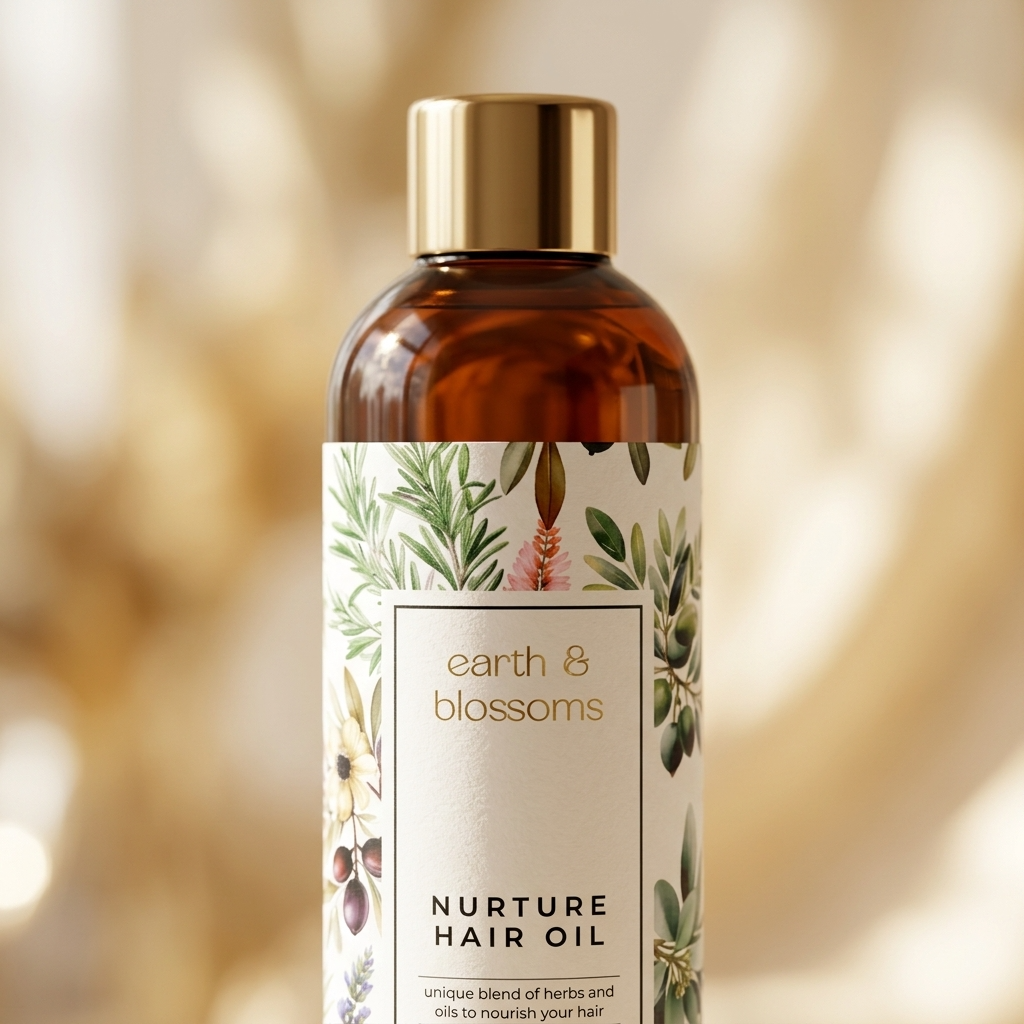 An amber glass bottle of earth & blossoms Nurture Hair Oil with a gold cap and a botanical label, set against a warm, softly blurred bokeh background.