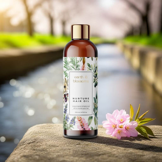 Bottle of Earth & Blossoms hair oil with a floral label on a stone surface near a water body.