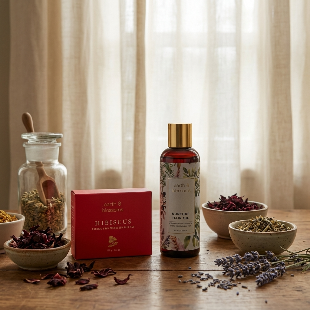 Herbal products including a bottle, jars, and boxes on a wooden surface with a soft curtain background.