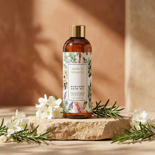 Bottle of 'Nurture Hair Oil' with botanical design on a stone surface with flowers and leaves.