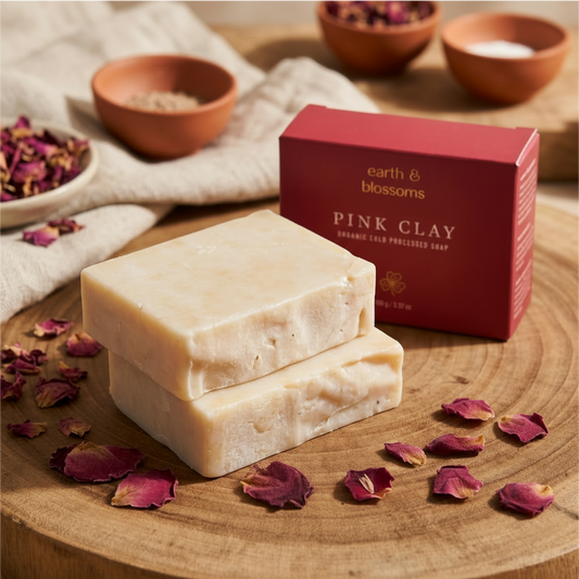 Two bars of pink clay soap on a wooden surface with a red box labeled 'earth & blossoms' in the background.