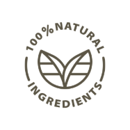 Logo of 100% natural ingredients with two leaves inside a circular border on a white background.