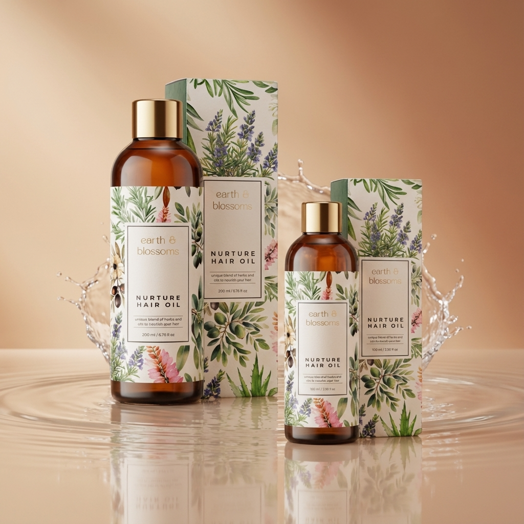 Two bottles of 'Earth Blossoms' Nurture Hair Oil with packaging on a reflective surface.