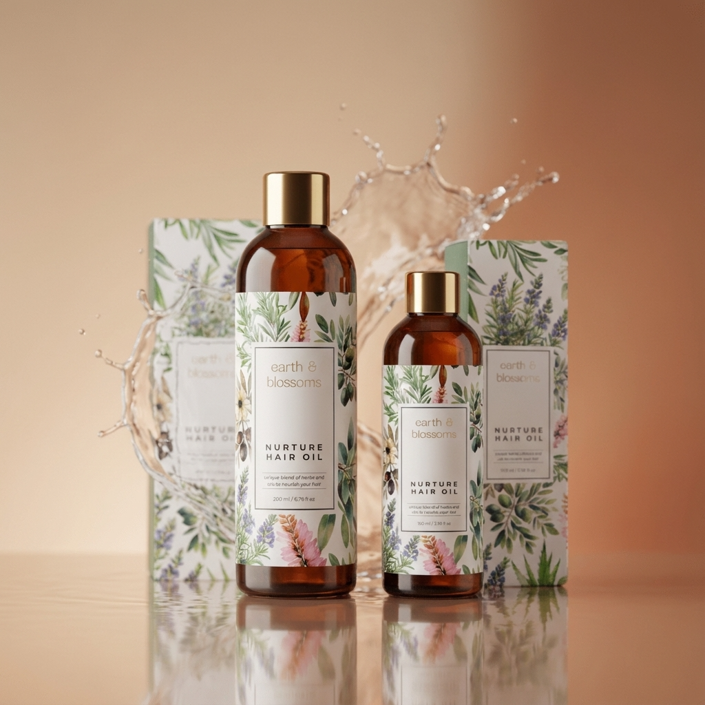 Earth & Blossom hair oil bottles with packaging on a reflective surface and beige background
