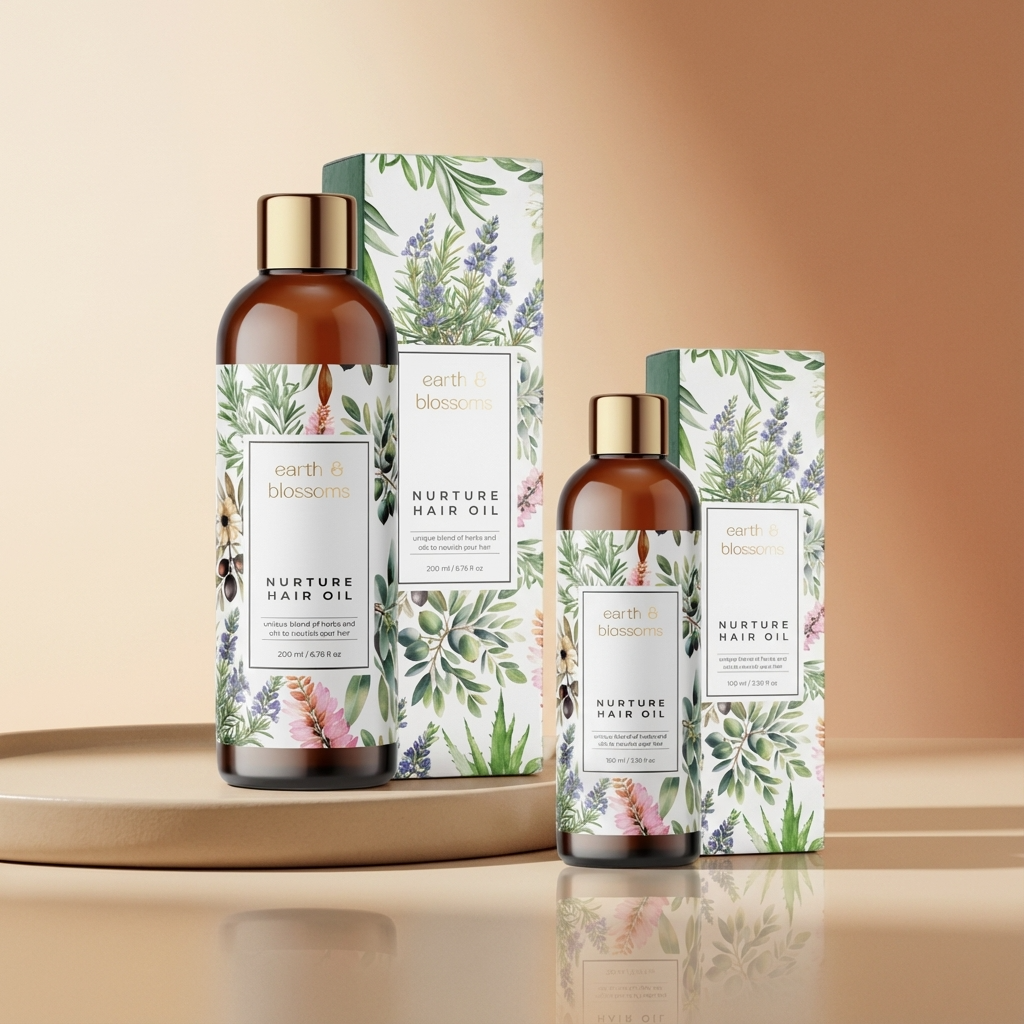 Nurture Hair Oil with packaging on a beige background