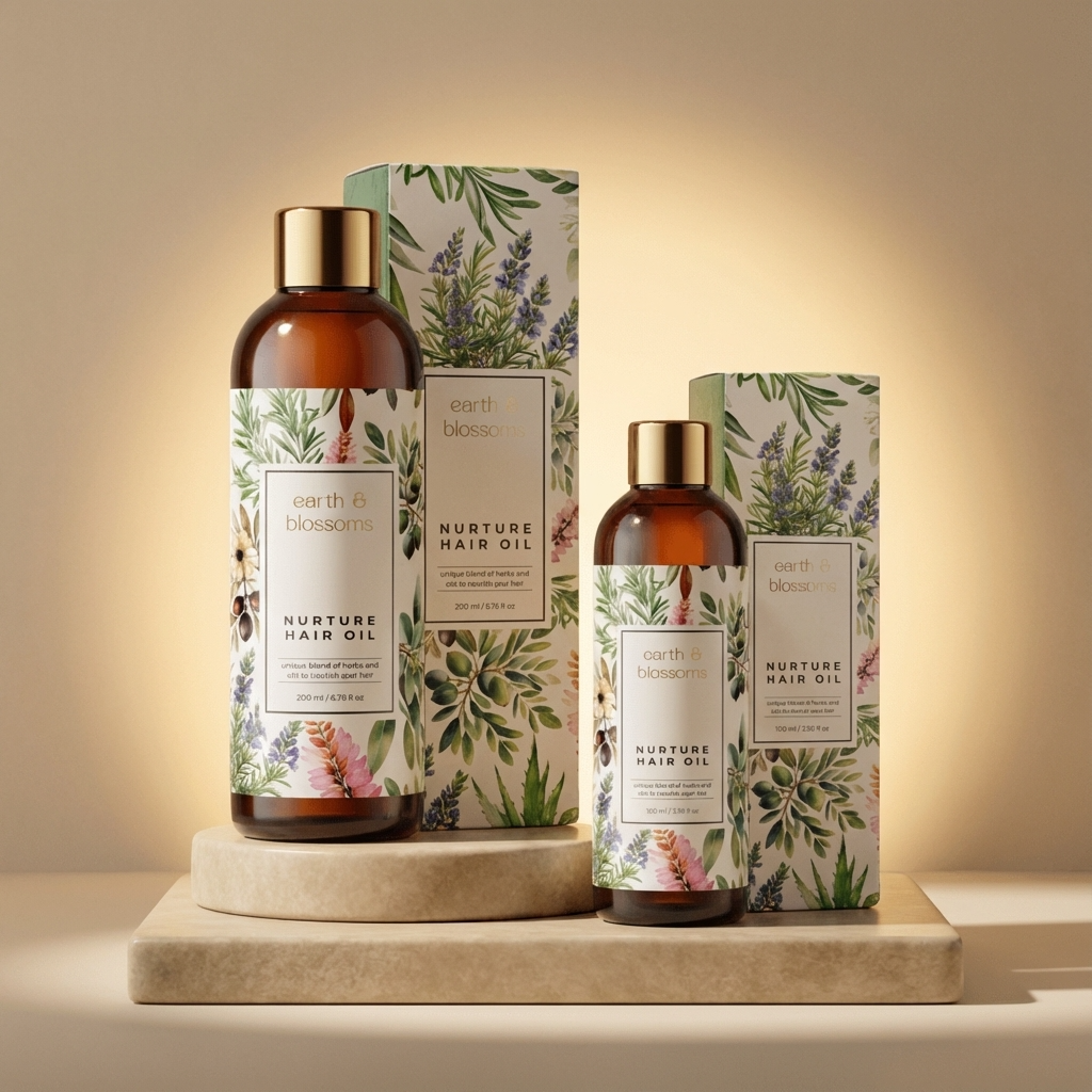 Earth Blossom Nurture Hair Oil with packaging on a neutral background