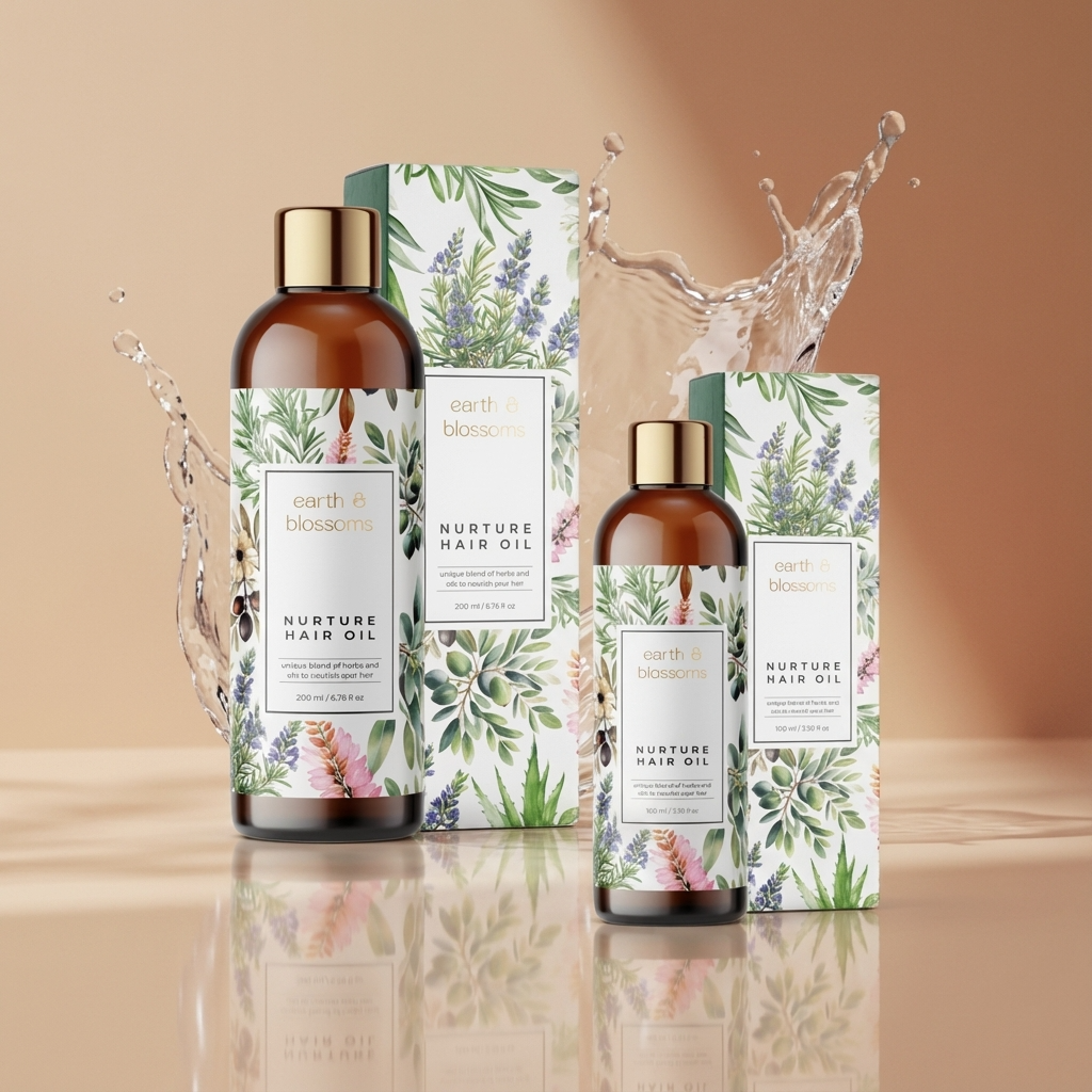 Two bottles of 'Nurture Hair Oil' with packaging on a beige background