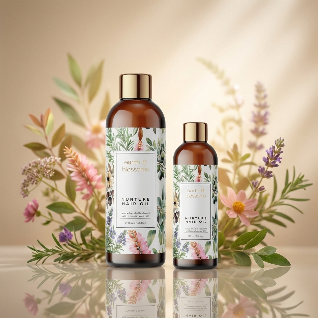 Two bottles of 'Earth & Blossom' Nurture Hair Oil with floral labels against a natural background.