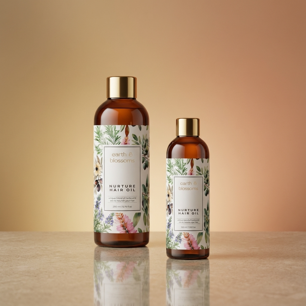 Two bottles of Earth & Blossom Nurture Hair Oil on a wooden surface with a beige background
