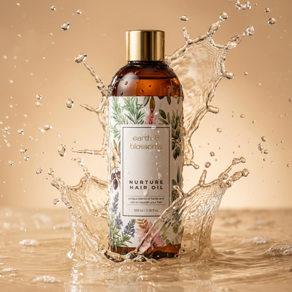 Bottle of Earth & Blossom hair oil with water splashes on a beige background