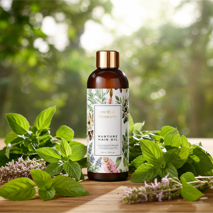 Bottle of 'Nurture Hair Oil' surrounded by green leaves and herbs on a wooden surface with a blurred natural background.