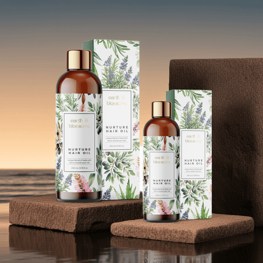 Nurture Hair Oil packaging with botanical design on a wooden surface