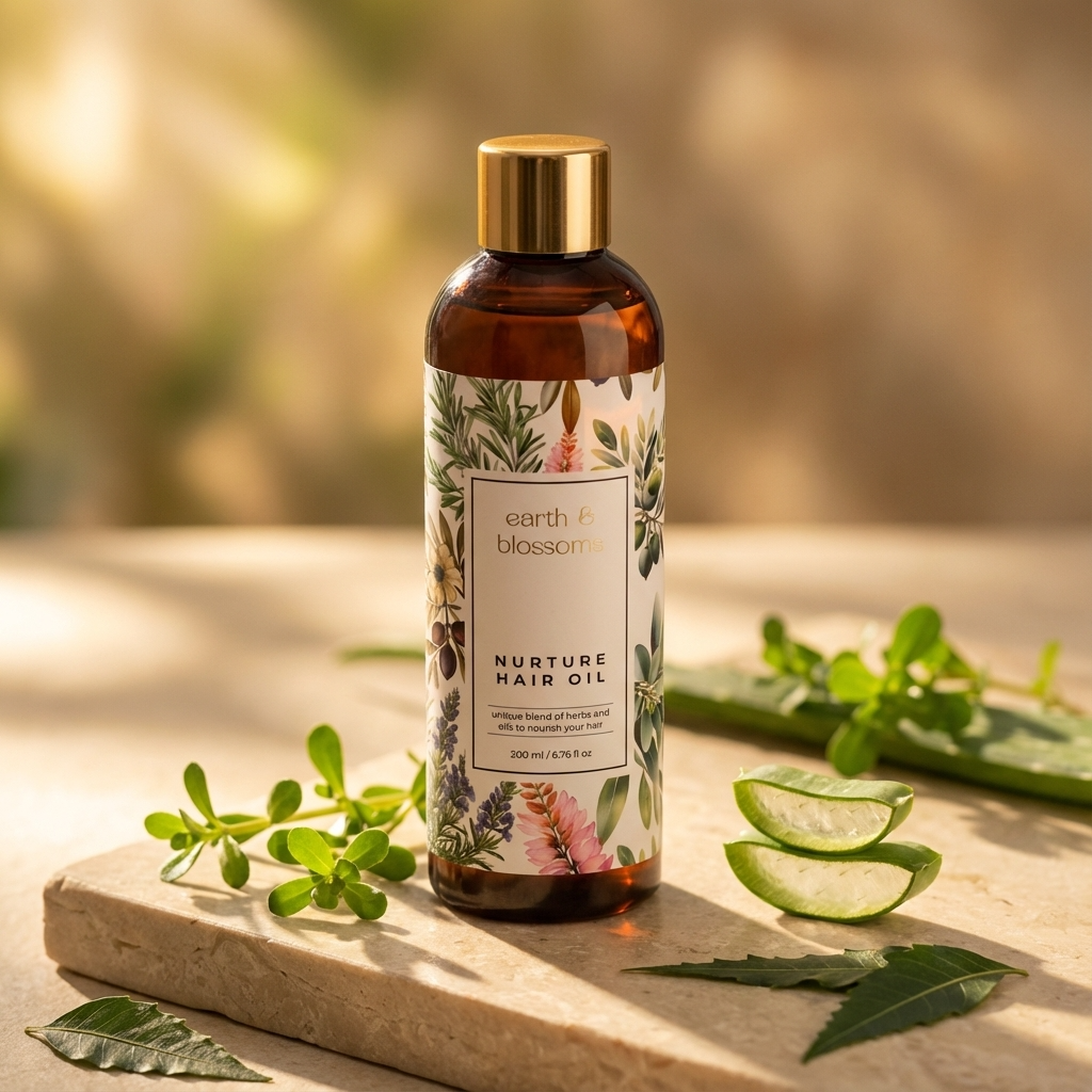 An amber glass bottle of earth & blossom Nurture Hair Oil with a gold cap and a botanical label, styled on a stone slab with aloe vera slices and green leaves against a warm, blurred background.