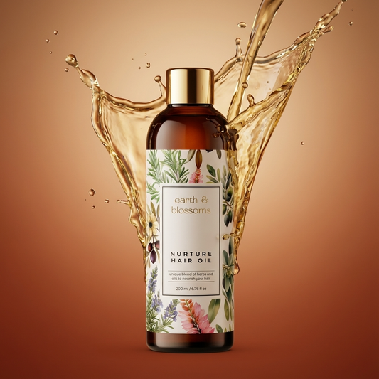 Bottle of Earth & Blossoms hair oil with a floral label, surrounded by splashing liquid on a brown background.