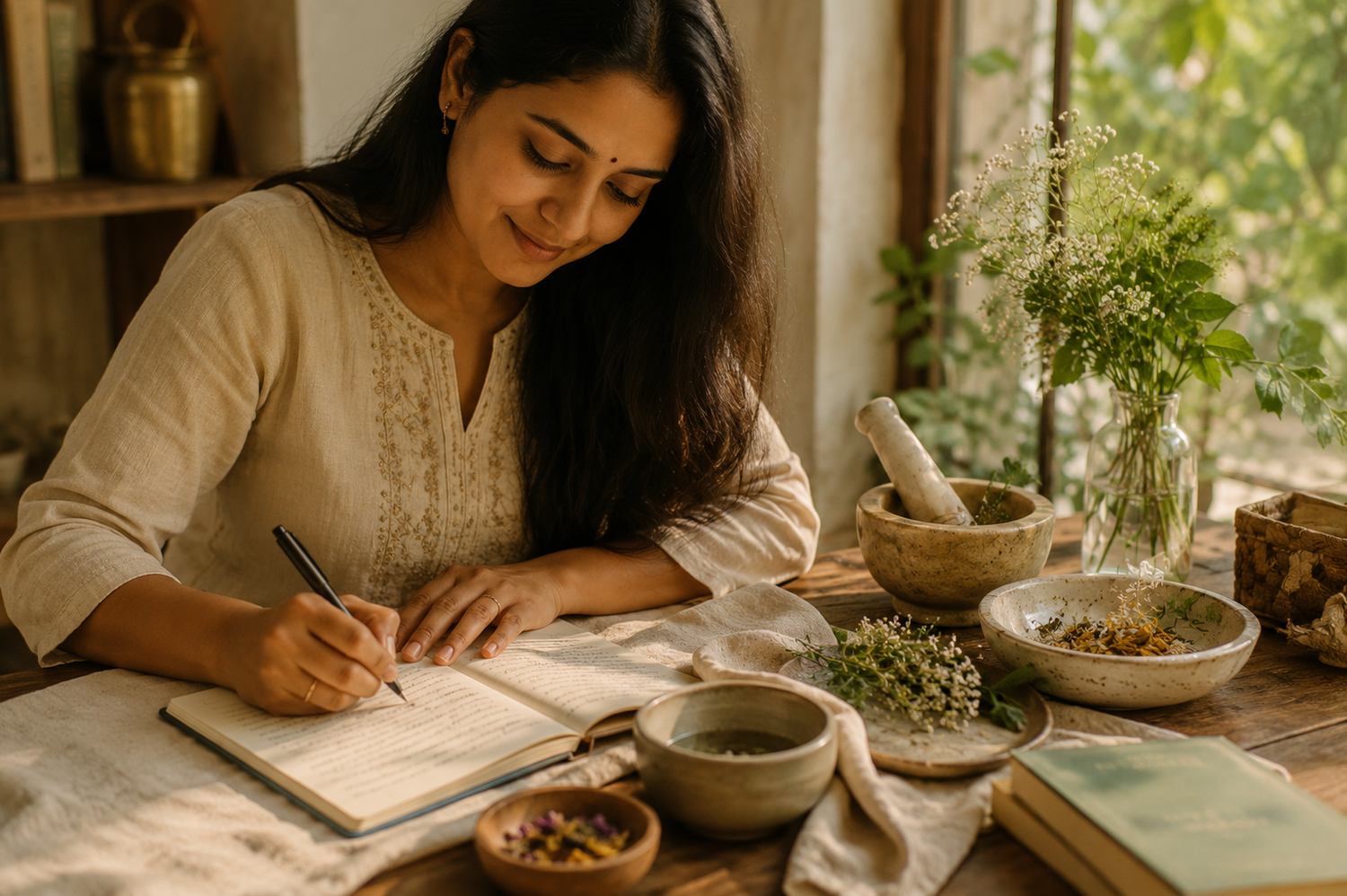A woman with long dark hair sits at a rustic wooden table, writing in an open notebook with a pen. The table is styled with herbal ingredients, small bowls, a mortar and pestle, and a glass vase of white flowers, set against a warm, softly lit background.