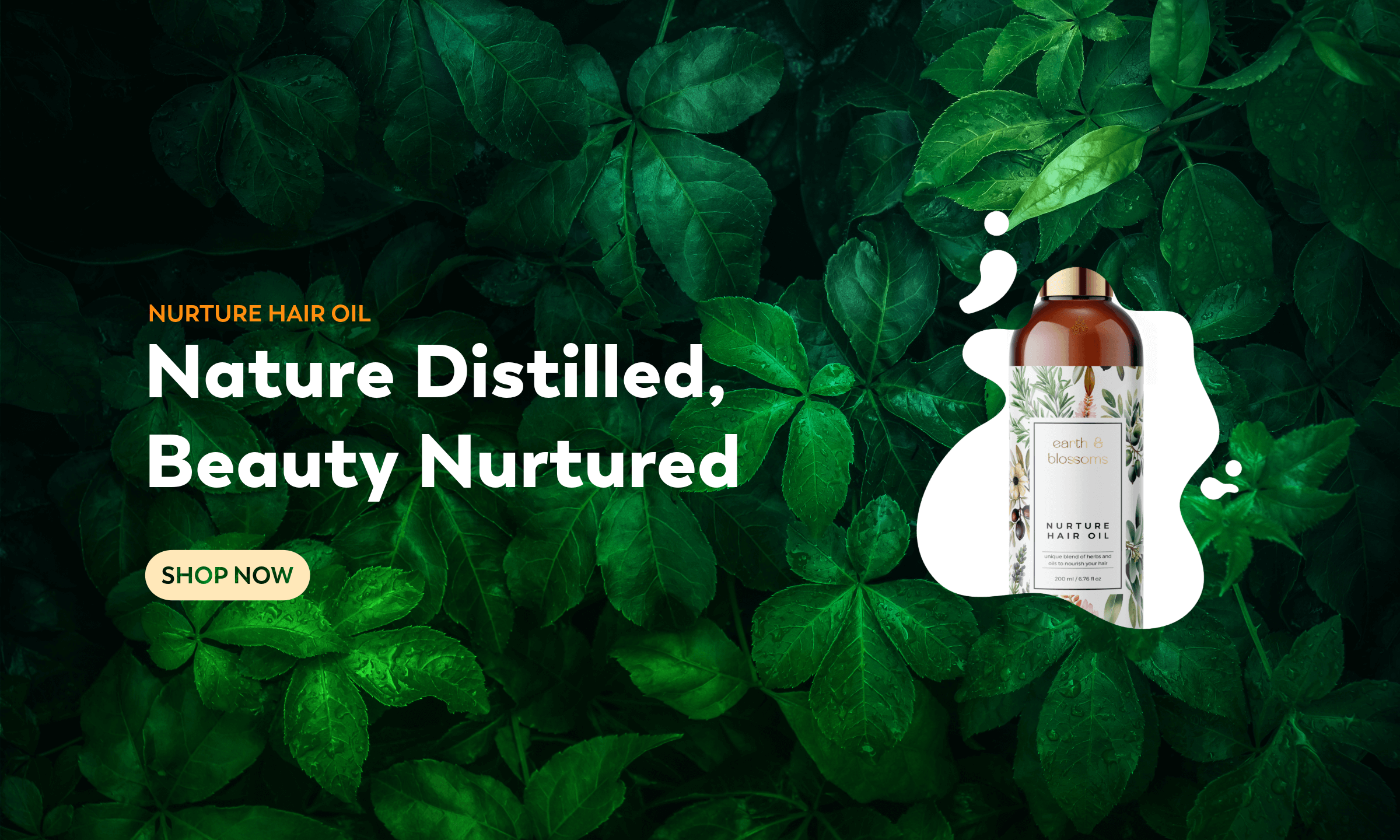 Hair oil bottle with green leaves on a dark background, promoting 'Nature Distilled, Beauty Nurtured' hair oil.