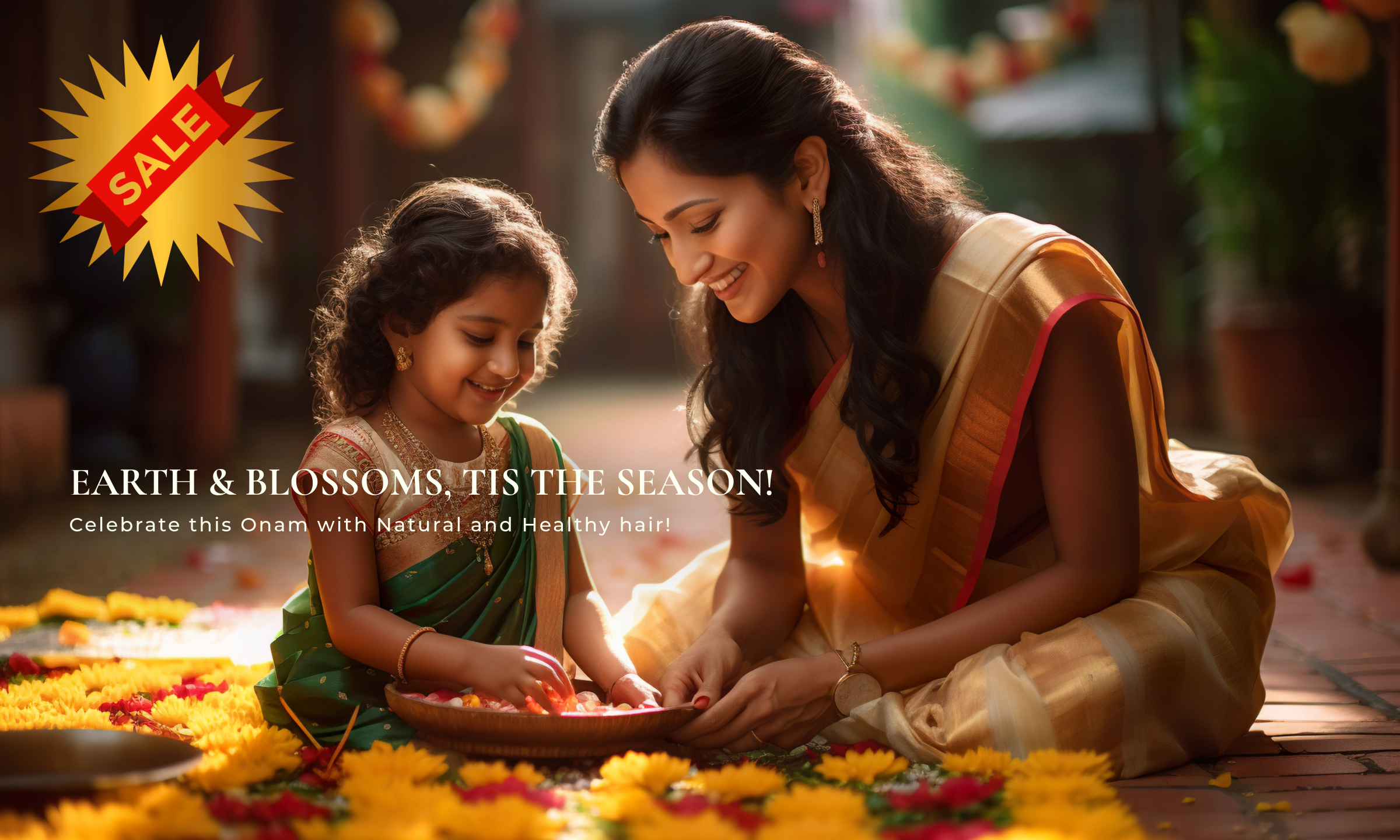 Woman and child sitting together with flowers, promotional text overlay