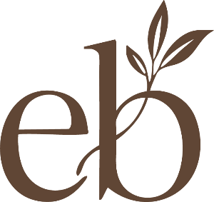 Brown logo with 'eb' and a leaf on a white background