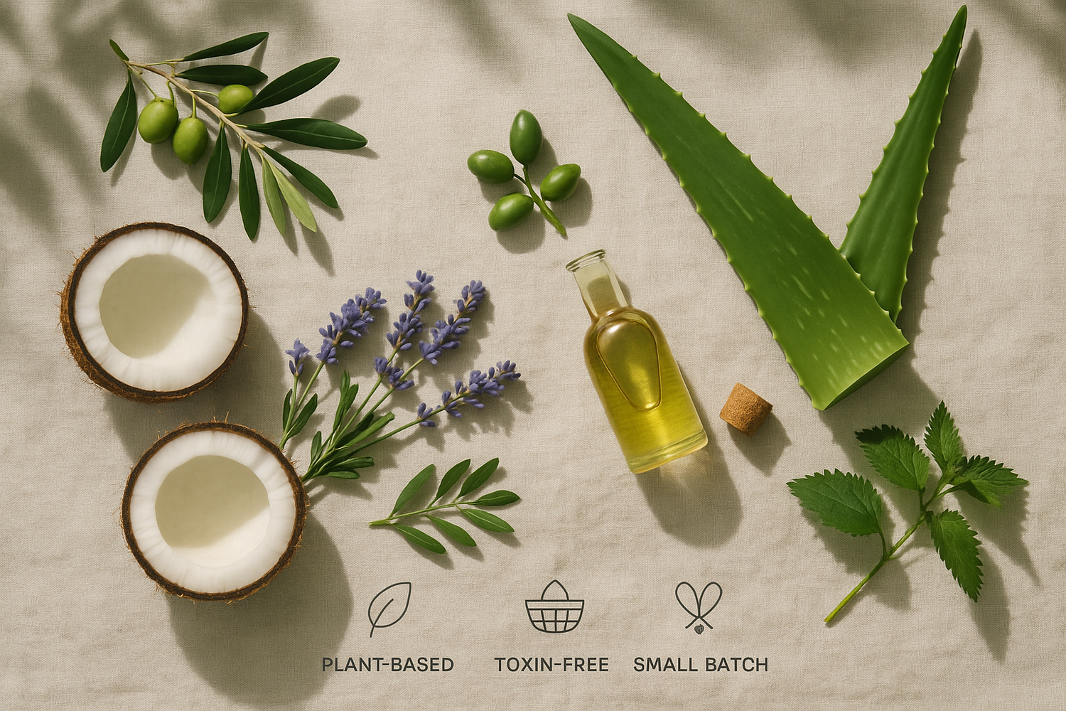 Bottle of oil with coconuts, aloe vera, lavender, and olive leaves on a neutral background.