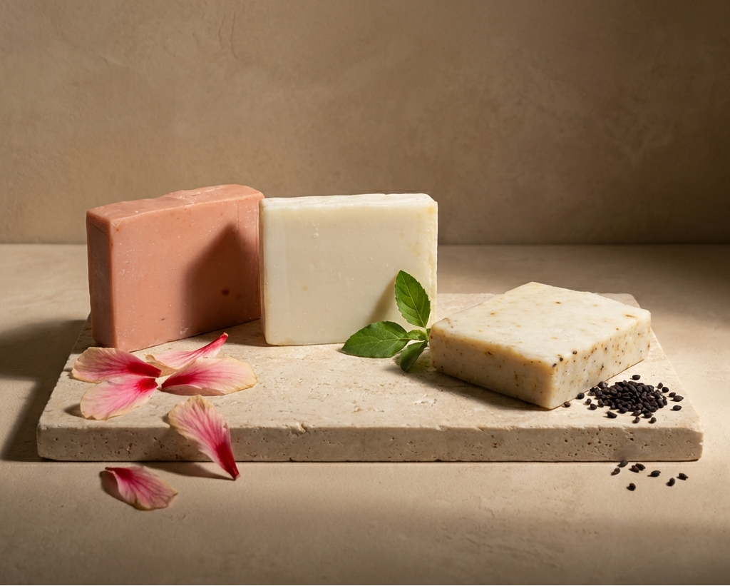 Three bars of soap on a stone surface with pink petals and black peppercorns.