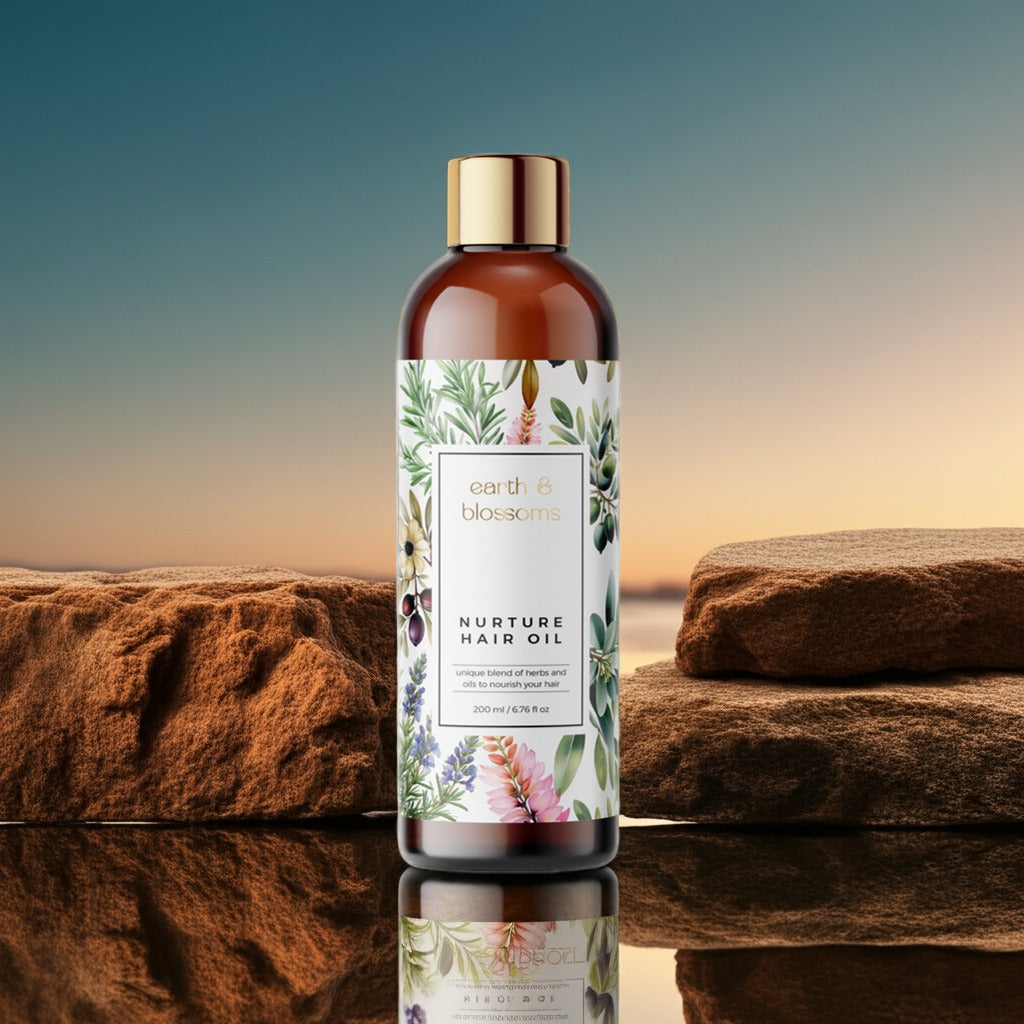 Bottle of 'Nurture Hair Oil' with a floral label on a reflective surface with towels in the background.