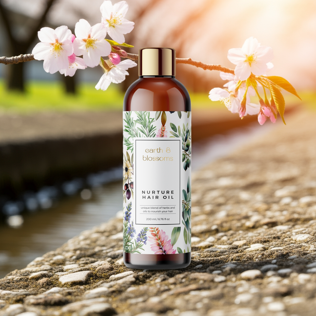 Bottle of Earth & Blossom hair oil with floral design on a natural background