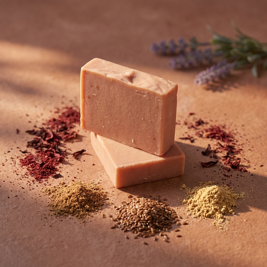 Two bars of soap on a textured surface with dried herbs and flowers.