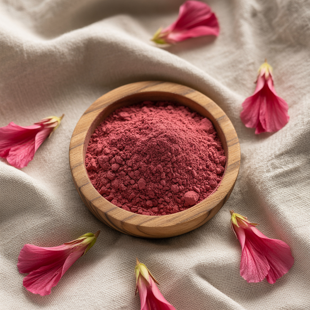 Wooden bowl filled with red powder on a beige fabric background with pink flowers.