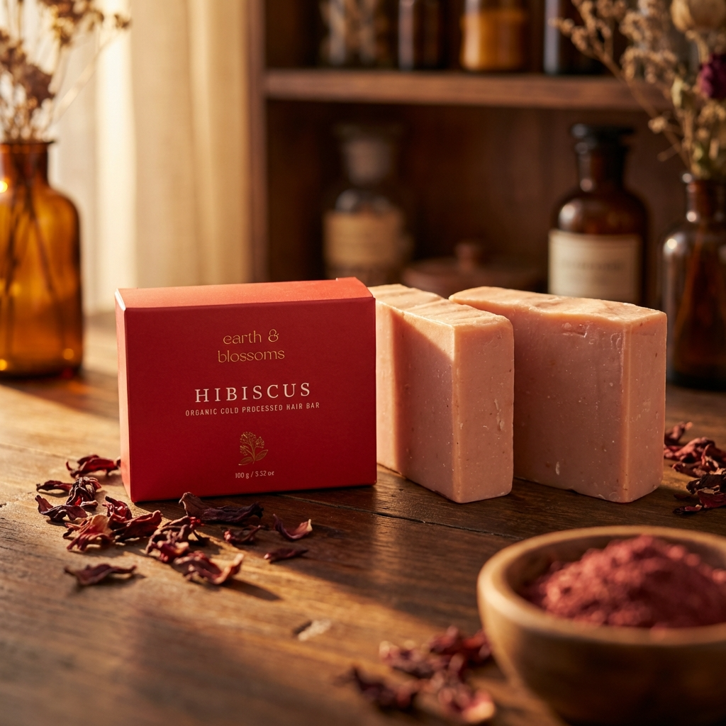 Hibiscus soap bars and packaging on a wooden surface with dried hibiscus and a shelf in the background.