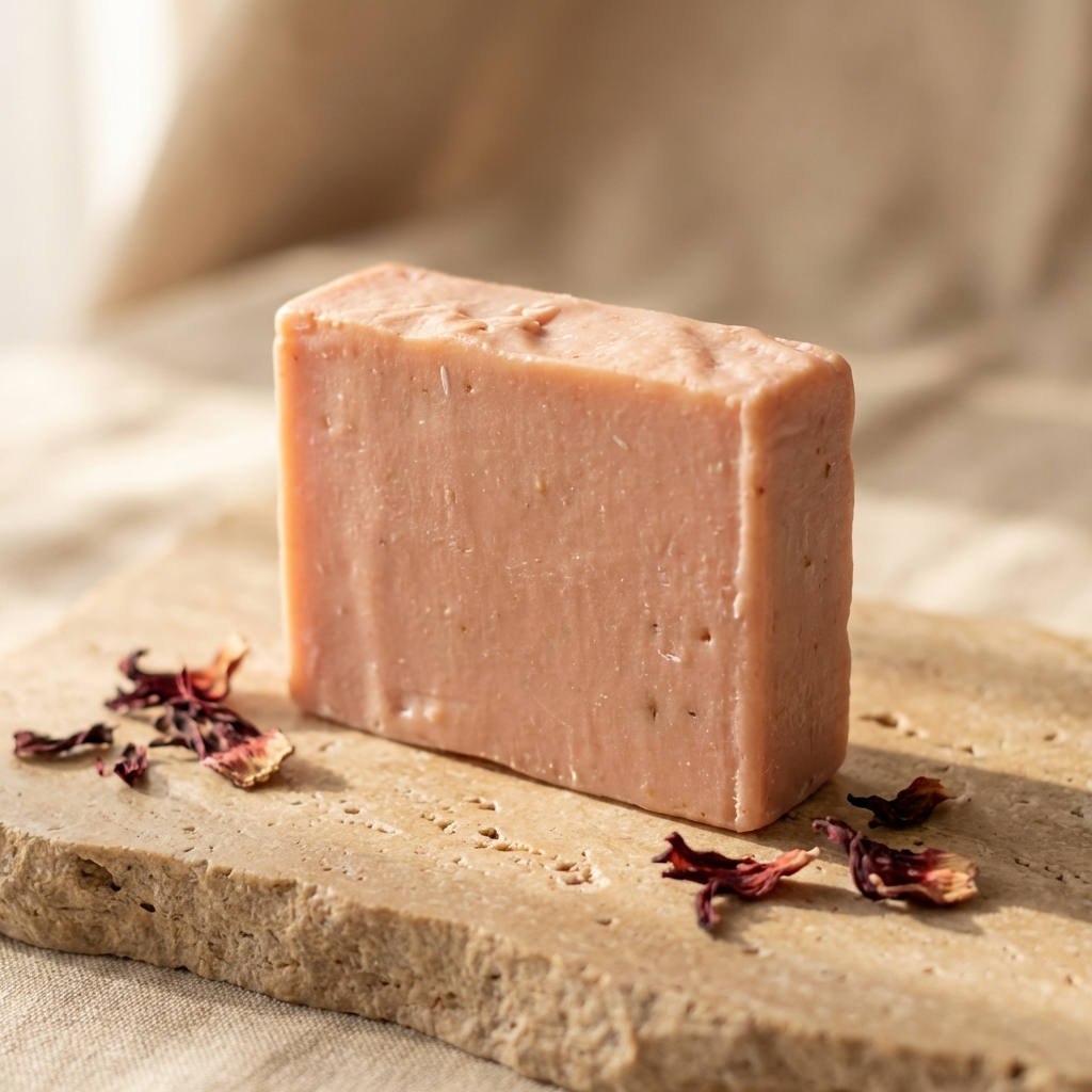 Bar of soap on a stone surface with dried flowers