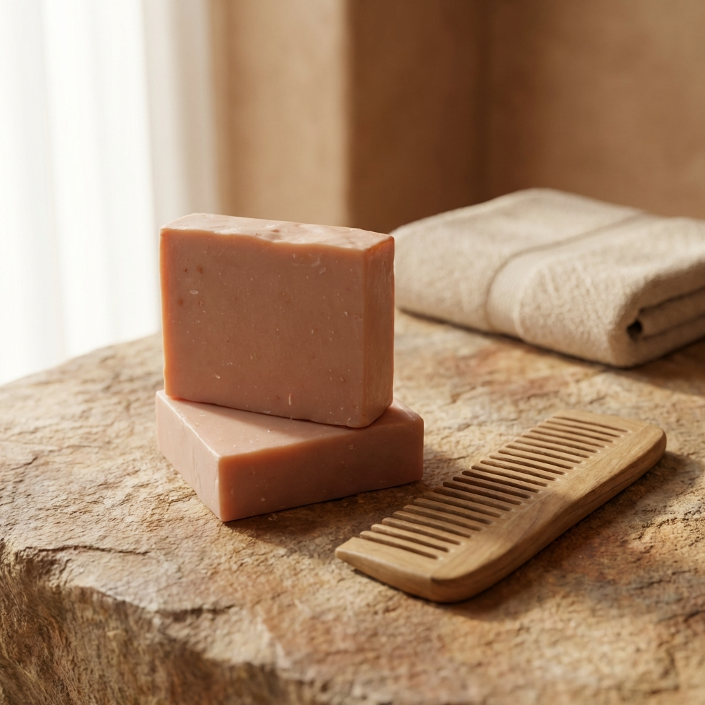 Two bars of soap and a wooden comb on a stone surface with a towel in the background.