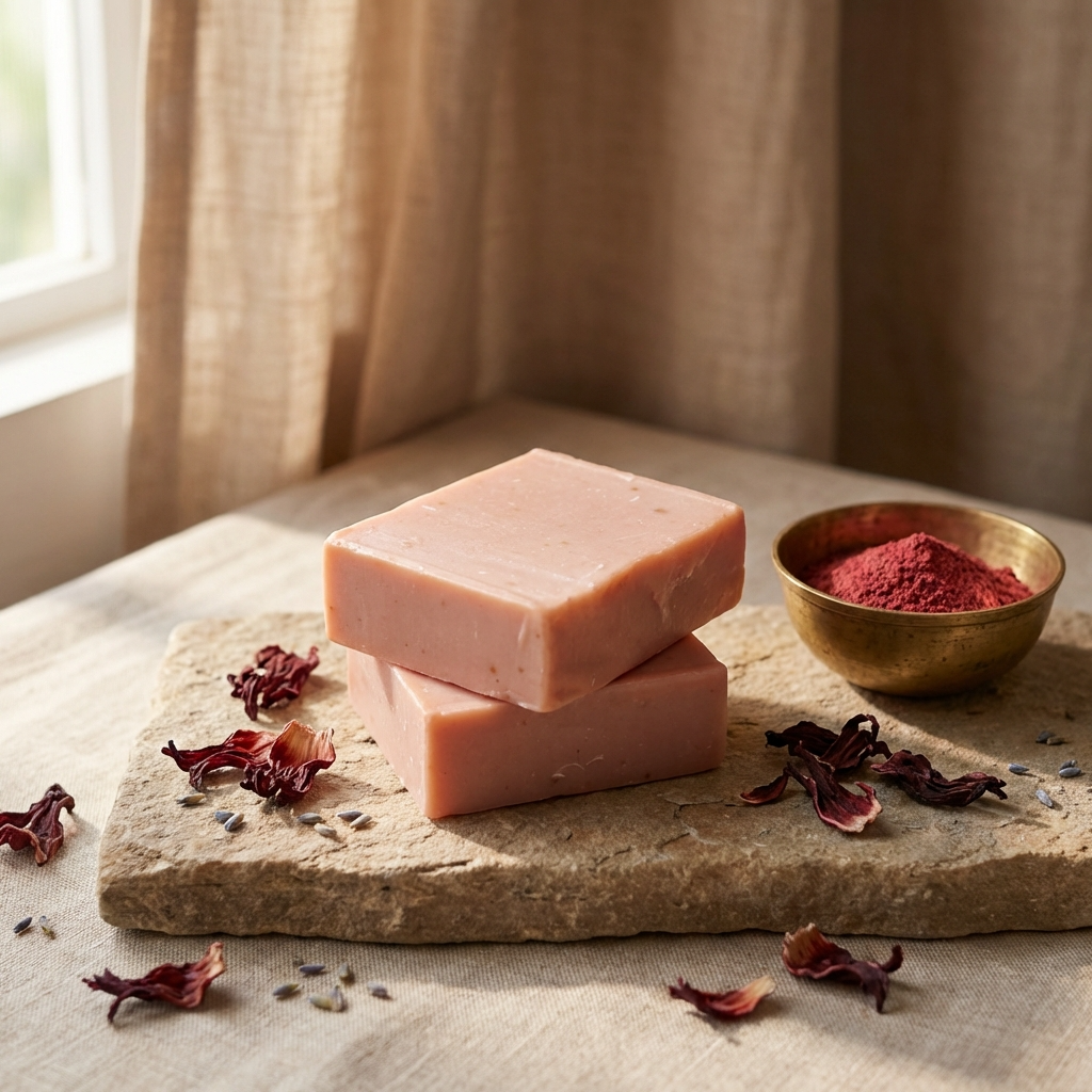 Two pink soap bars stacked on a stone surface with dried flowers and a bowl of red powder in the background.