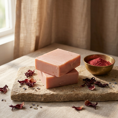 Two pink soap bars stacked on a stone surface with dried flowers and a bowl of red powder in the background.