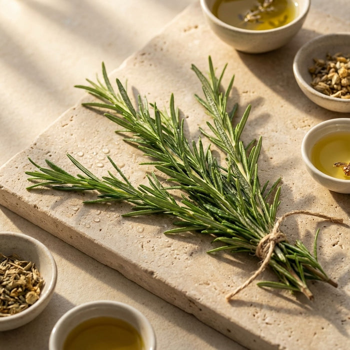 A bundle of fresh rosemary sprigs tied with twine, arranged on a beige stone slab with small bowls of olive oil and dried herbs around it.