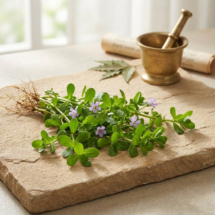 Fresh green herb sprigs with small purple flowers and visible roots arranged on a rectangular stone slab, with a brass mortar and pestle and rolled parchment in the background.