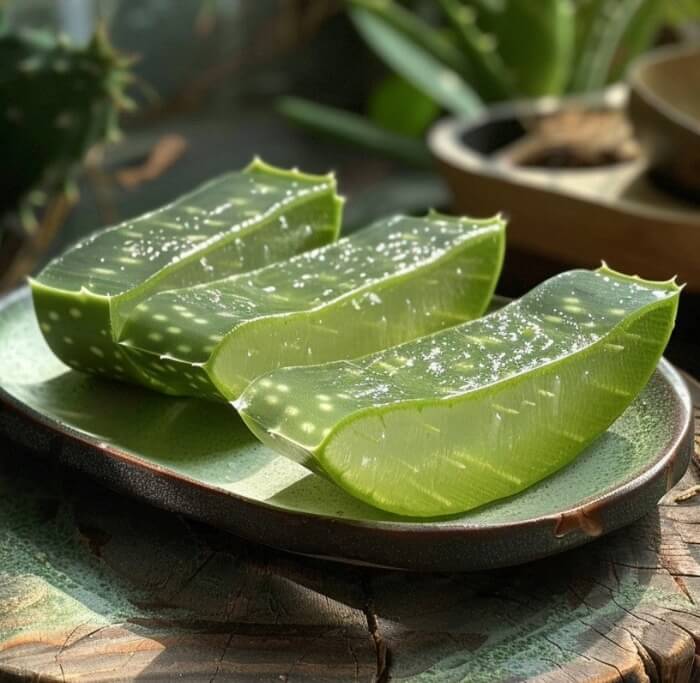 Three aloe vera leaves on a wooden surface with a natural background