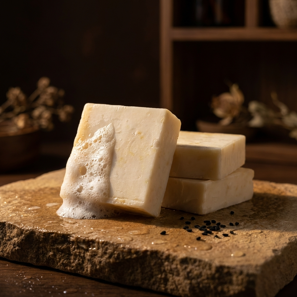 Three bars of soap with foam on a stone surface, with a blurred background