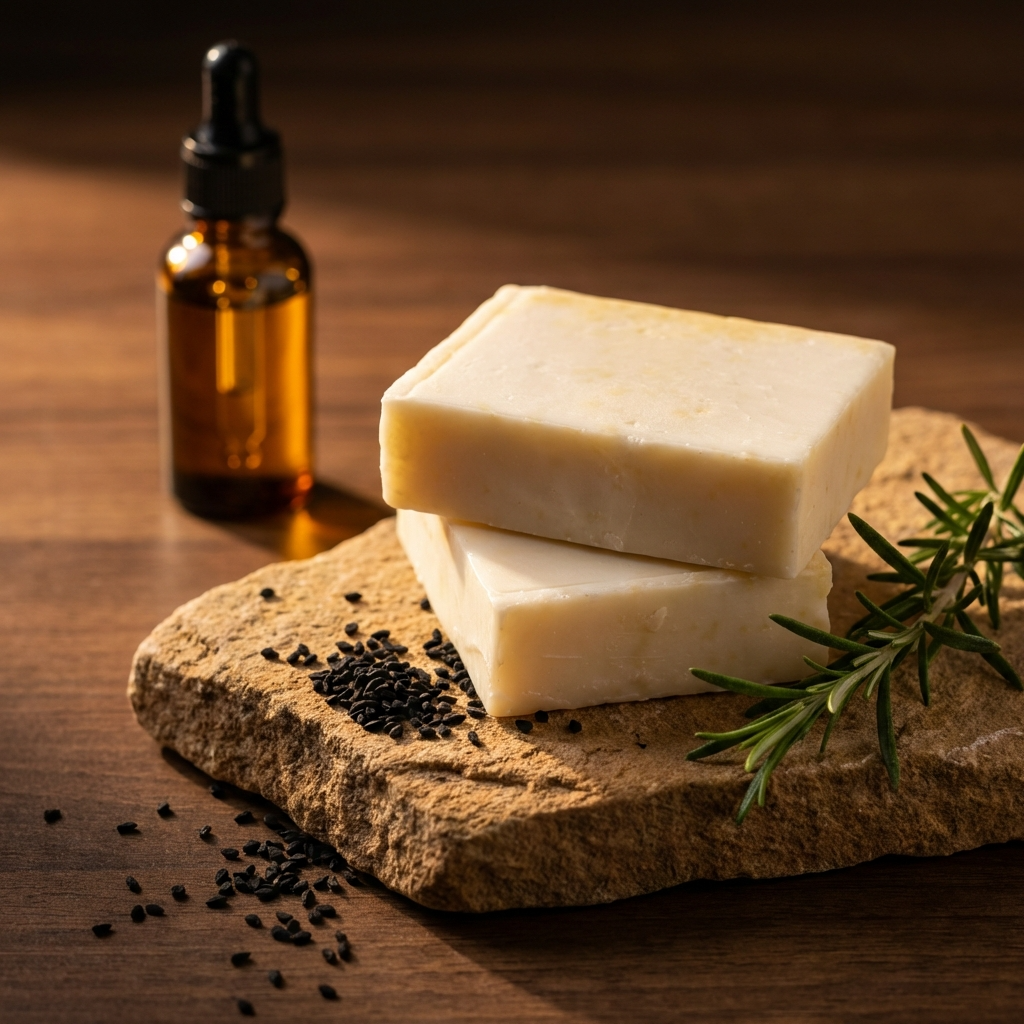 Kalonji soap bars stacked on a stone with Kalonji seeds and rosemary stem by the side with a glass amber dropper bottle by side