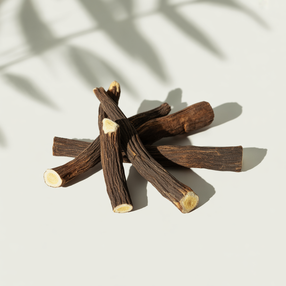 Dried licorice root on a light background