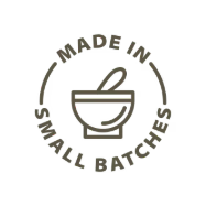A circular brown graphic with the text 'MADE IN SMALL BATCHES' surrounding a simple bowl and spoon icon on a white background.