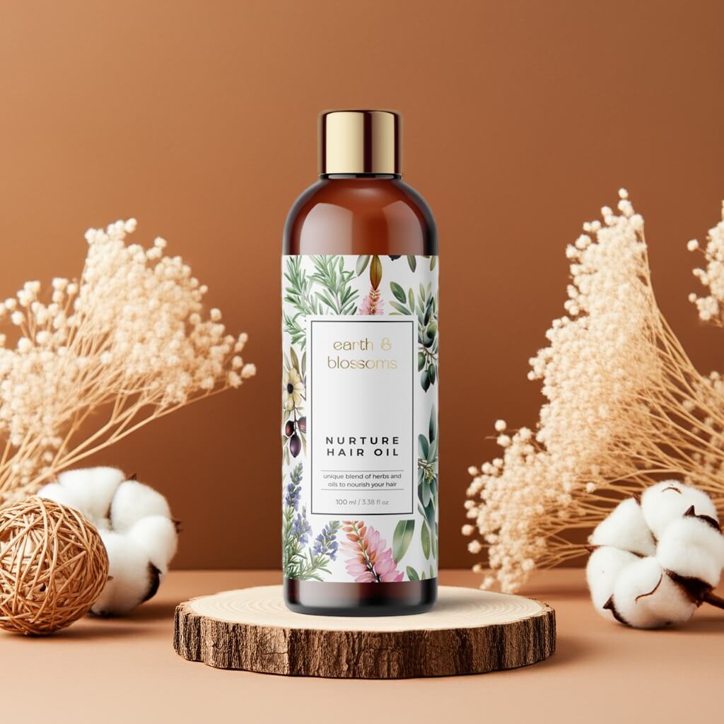 Bottle of 'Earth & Blossom' nurture hair oil on a wooden stand with decorative elements on a brown background