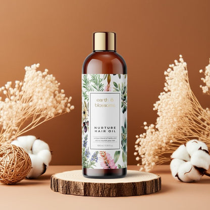 Bottle of 'Earth & Blossom' nurture hair oil on a wooden stand with decorative elements on a brown background