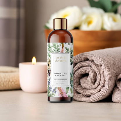 Bottle of 'Earth & Blossom' hair oil with a floral label on a table with a candle and towel.