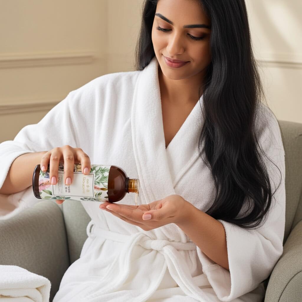 Woman in a white robe holding a bottle of lotion.