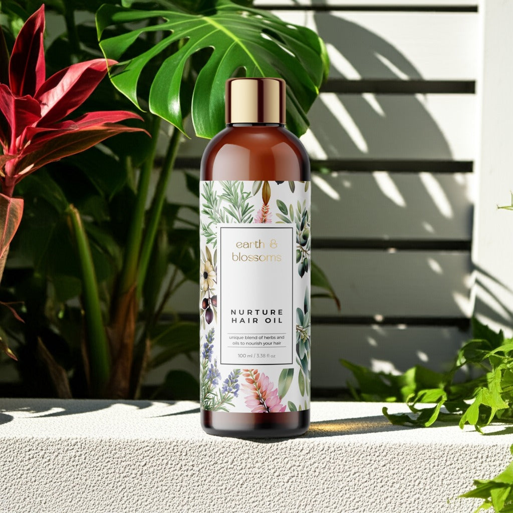 Nurture hair oil bottle on ledge in bright sunlight with garden plants behind